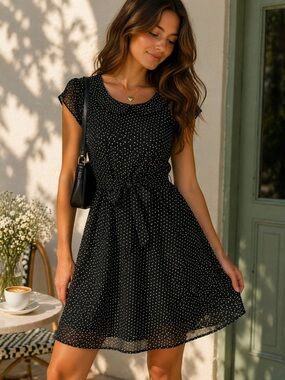 H&M Black Polka Dot Fit & Flare Dress Peter Pan Collar Size 8 summer, brunch